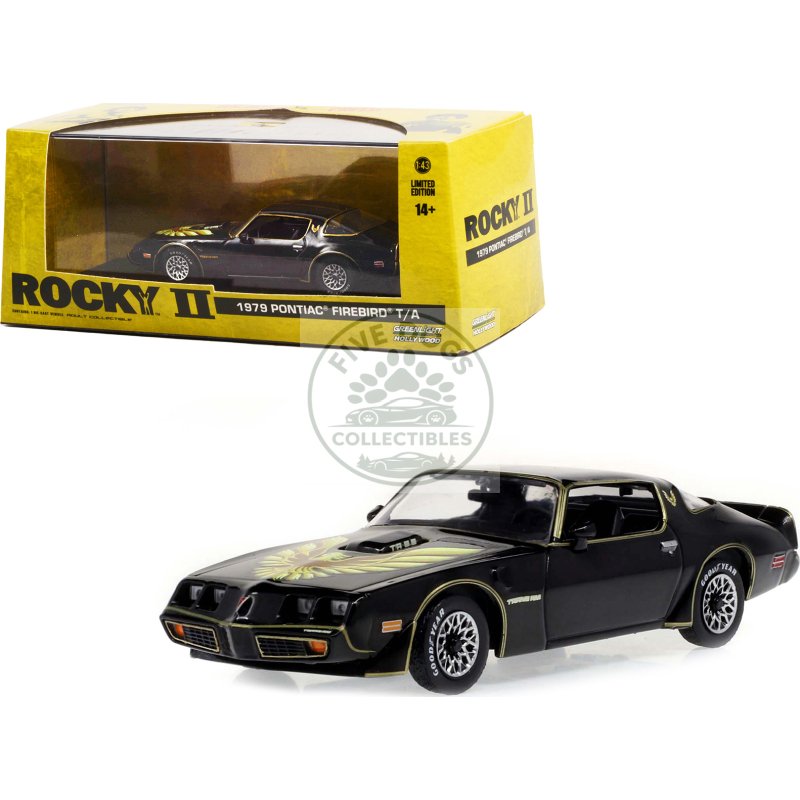 1979 pontiac firebird t/a trans am black with hood phoenix "rocky ii (1979) movie" 1/43 diecast model car by greenlight