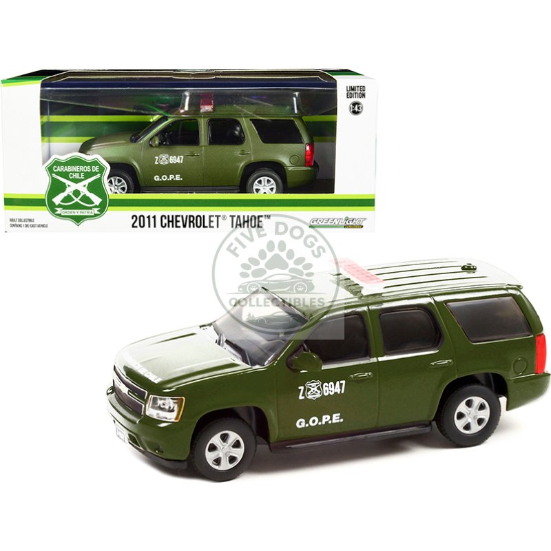 2011 chevrolet tahoe police car matt green "carabineros de chile" g.o.p.e. "grupo de operaciones policiales especiales" 1/43 diecast model car by greenlight