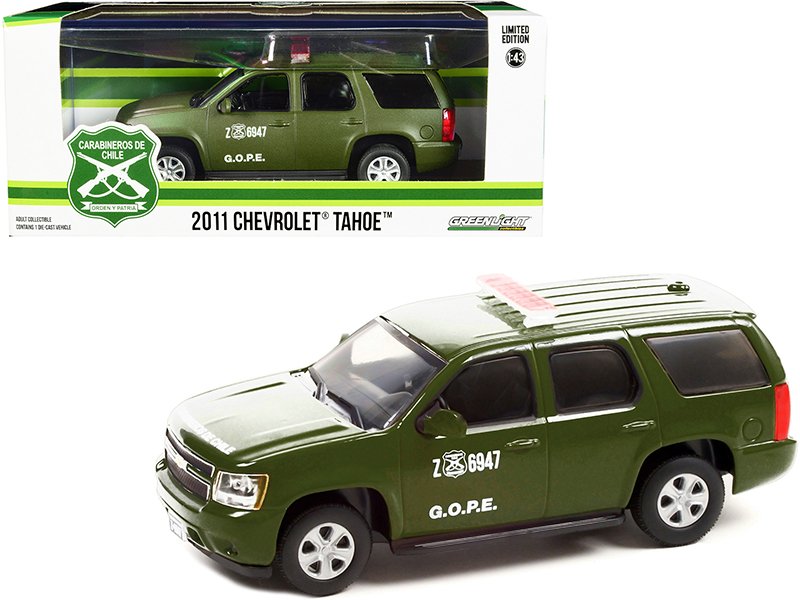 2011 chevrolet tahoe police car matt green "carabineros de chile" g.o.p.e. "grupo de operaciones policiales especiales" 1/43 diecast model car by greenlight 2011 chevrolet tahoe police car matt green "carabineros de chile" g.o.p.e. "grupo de operaciones policiales especiales" 1/43 diecast model car by greenlight
