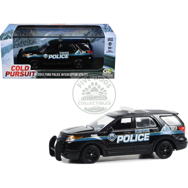 2013 ford police interceptor utility "kehoe police department kehoe colorado" black with white stripes "cold pursuit" (2019) movie 1/43 diecast model car by greenlight