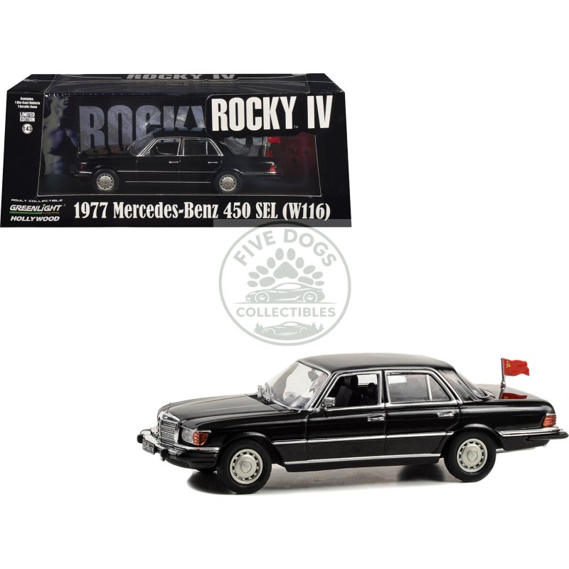 1977 mercedes benz 450 sel (w116) black with soviet flag "rocky iv" (1985) movie 1/43 diecast model car by greenlight