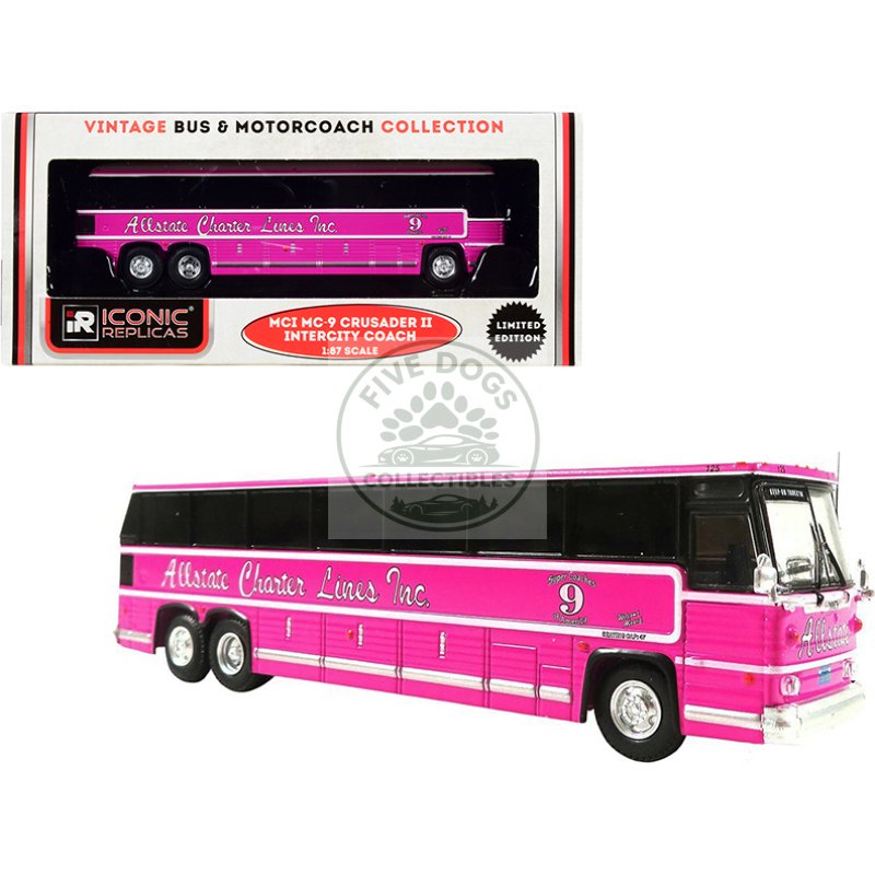 1980 mci mc 9 crusader ii intercity coach bus pink "allstate charter lines inc." "vintage bus & motorcoach collection" 1/87 (ho) diecast model by iconic replicas