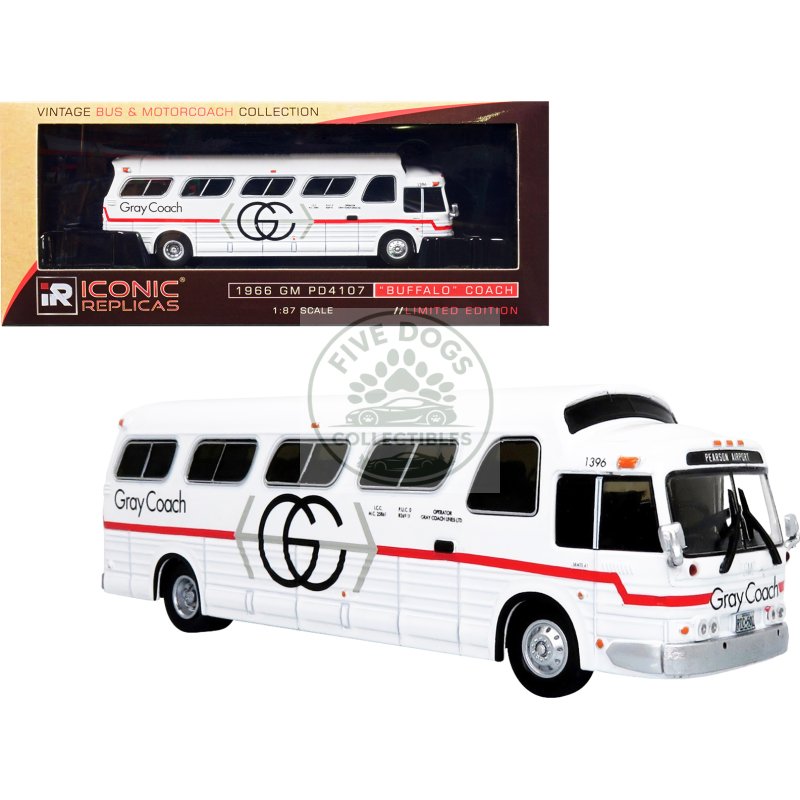 1966 gm pd4107 "buffalo" coach bus "gray coach" destination: "pearson airport" toronto (ontario canada) "vintage bus & motorcoach collection" 1/87 diecast model by iconic replicas
