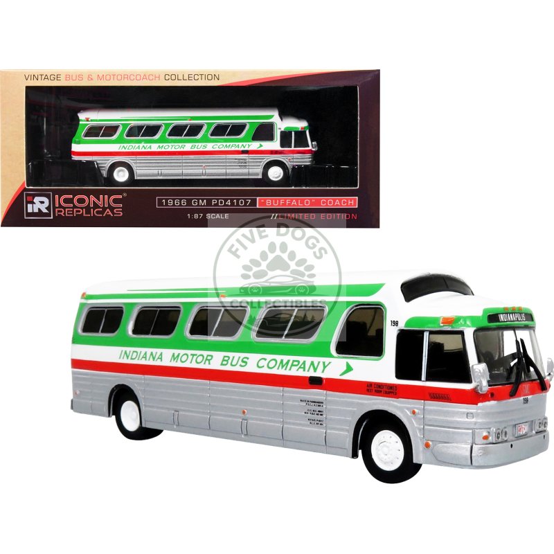 1966 gm pd4107 "buffalo" coach bus "indiana motor bus company" destination: indianapolis "vintage bus & motorcoach collection" 1/87 diecast model by iconic replicas