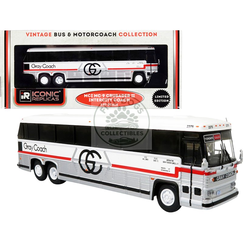 1980 mci mc 9 crusader ii intercity coach bus "toronto guelph" ontario (canada) "gray coach" "vintage bus & motorcoach collection" 1/87 (ho) diecast model by iconic replicas
