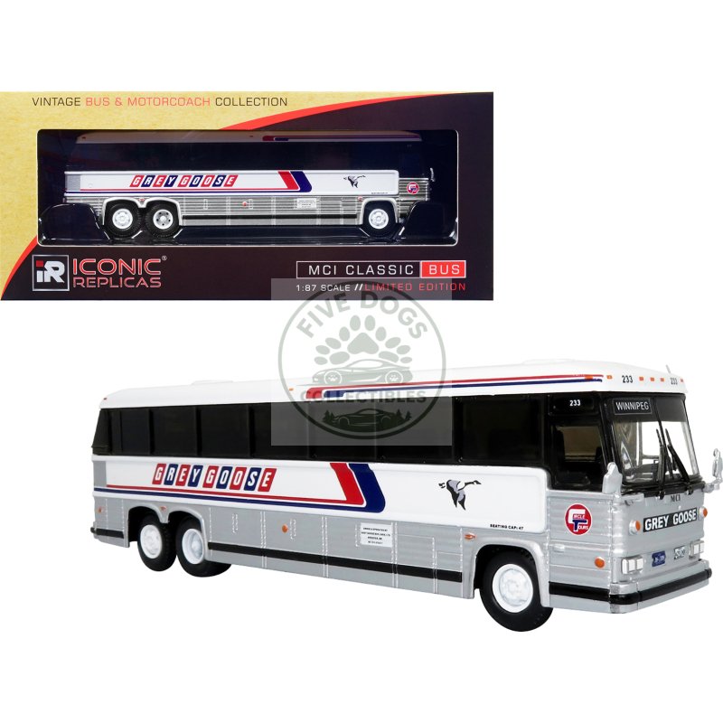mci mc 12 coach classic bus "grey goose lines" destination: winnipeg (manitoba canada) "vintage bus & motorcoach collection" 1/87 diecast model by iconic replicas