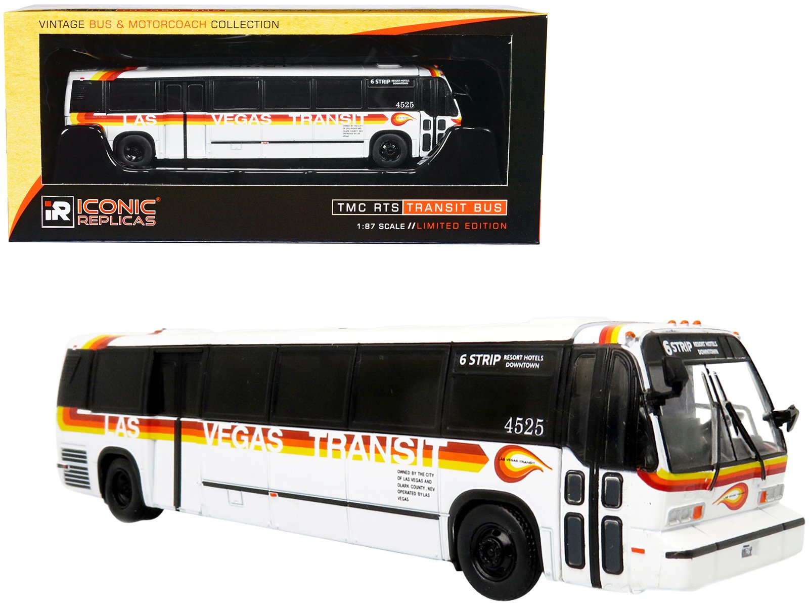 tmc rts transit bus las vegas transit "6 strip resort hotels downtown" "vintage bus & motorcoach collection" 1/87 diecast model by iconic replicas tmc rts transit bus las vegas transit "6 strip resort hotels downtown" "vintage bus & motorcoach collection" 1/87 diecast model by iconic replicas