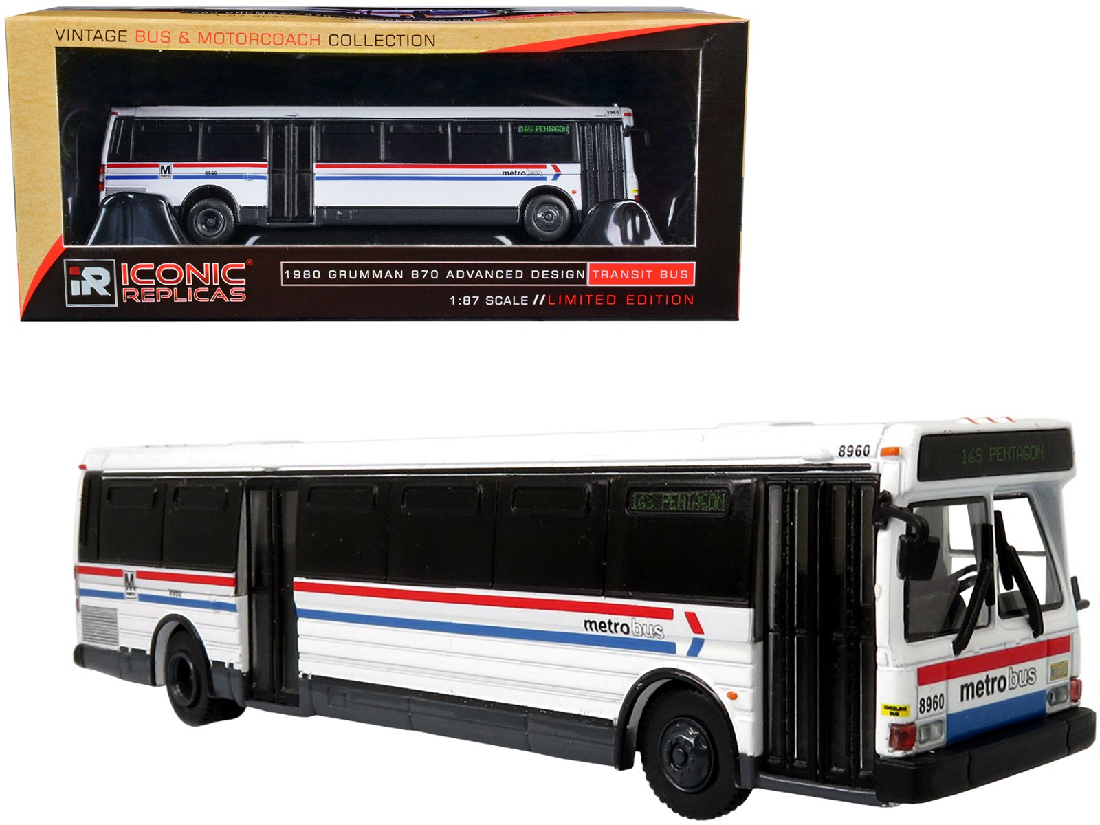 1980 grumman 870 advanced design transit bus wmata (washington metropolitan area transit authority) metro bus "16s pentagon" "vintage bus & motorcoach collection" 1/87 diecast model by iconic replicas 1980 grumman 870 advanced design transit bus wmata (washington metropolitan area transit authority) metro bus "16s pentagon" "vintage bus & motorcoach collection" 1/87 diecast model by iconic replicas