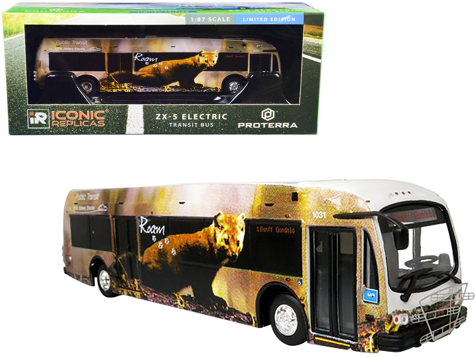proterra zx5 electric transit bus "roam transit" "1 banff gondola" 1/87 (ho) diecast model by iconic replicas proterra zx5 electric transit bus "roam transit" "1 banff gondola" 1/87 (ho) diecast model by iconic replicas