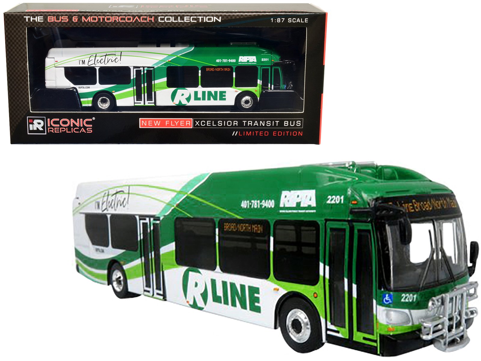 new flyer xcelsior charge ng electric transit bus ripta (rhode island public transit authority) "r line broad/north main" "the bus & motorcoach collection" 1/87 diecast model by iconic replicas new flyer xcelsior charge ng electric transit bus ripta (rhode island public transit authority) "r line broad/north main" "the bus & motorcoach collection" 1/87 diecast model by iconic replicas