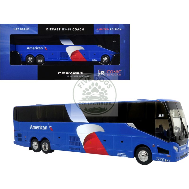 prevost h3 45 coach bus "american airlines landline" blue with graphics limited edition 1/87 (ho) diecast model by iconic replicas