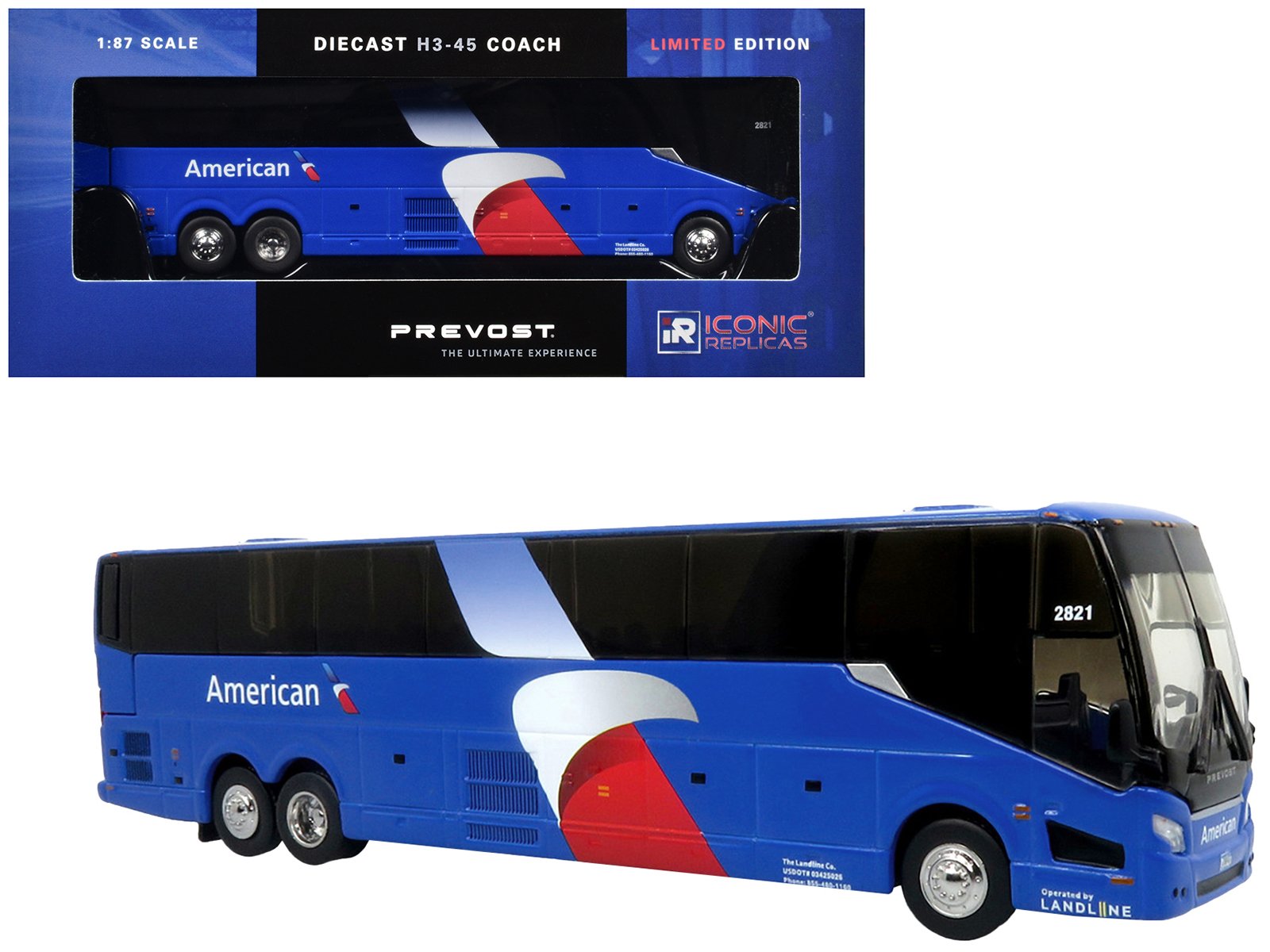 prevost h3 45 coach bus "american airlines landline" blue with graphics limited edition 1/87 (ho) diecast model by iconic replicas prevost h3 45 coach bus "american airlines landline" blue with graphics limited edition 1/87 (ho) diecast model by iconic replicas