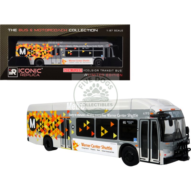 new flyer xcelsior xn40 transit bus "los angeles metro warner center shuttle" gray with graphics "the bus & motorcoach collection" limited edition 1/87 (ho) diecast model by iconic replicas