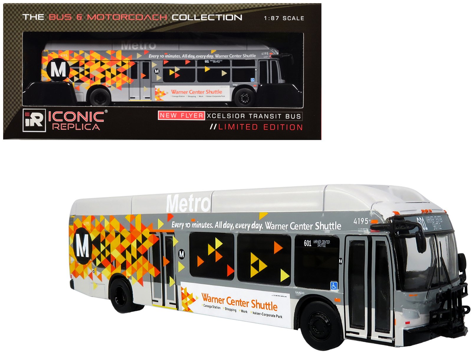 new flyer xcelsior xn40 transit bus "los angeles metro warner center shuttle" gray with graphics "the bus & motorcoach collection" limited edition 1/87 (ho) diecast model by iconic replicas new flyer xcelsior xn40 transit bus "los angeles metro warner center shuttle" gray with graphics "the bus & motorcoach collection" limited edition 1/87 (ho) diecast model by iconic replicas