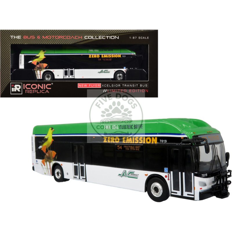 new flyer xcelsior xhe40 transit bus "ac transit zero emission" white and green with graphics "the bus & motorcoach collection" limited edition 1/87 (ho) diecast model by iconic replicas