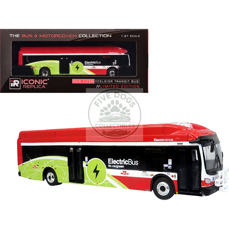 new flyer xcelsior charge ng electric transit bus "ttc (toronto transit commission)" red and green with white stripes "the bus & motorcoach collection" 1/87 (ho) diecast model by iconic replicas