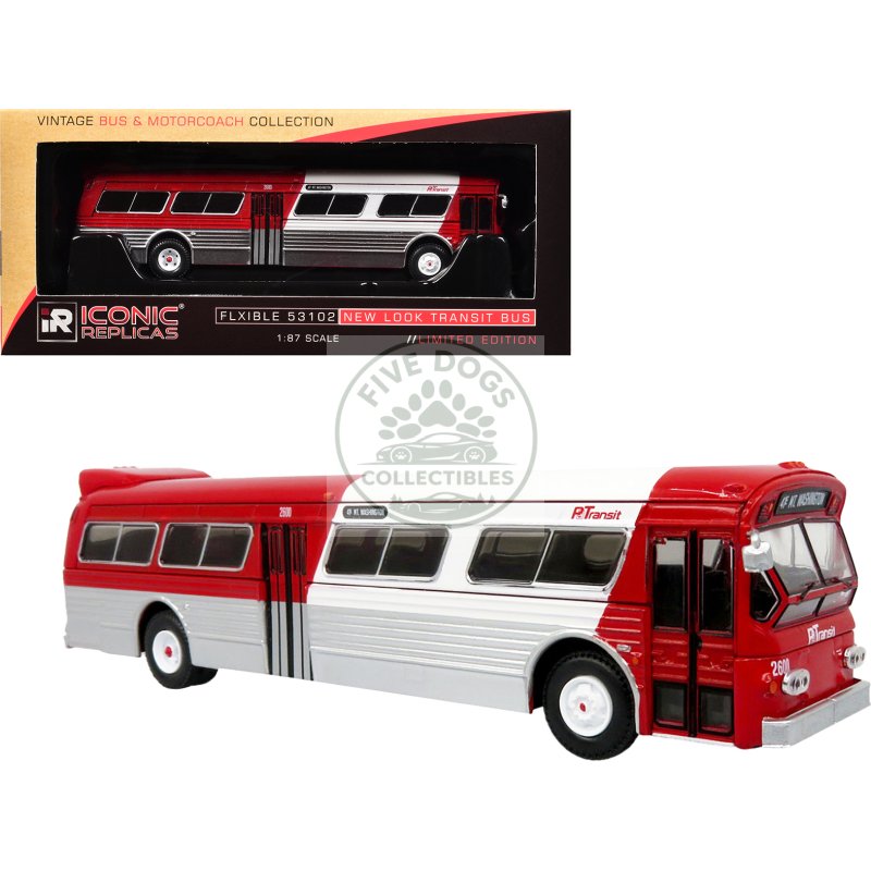 flxible 53102 new look transit bus "pittsburgh area transit" red and white "vintage bus & motorcoach collection" limited edition 1/87 (ho) diecast model by iconic replicas
