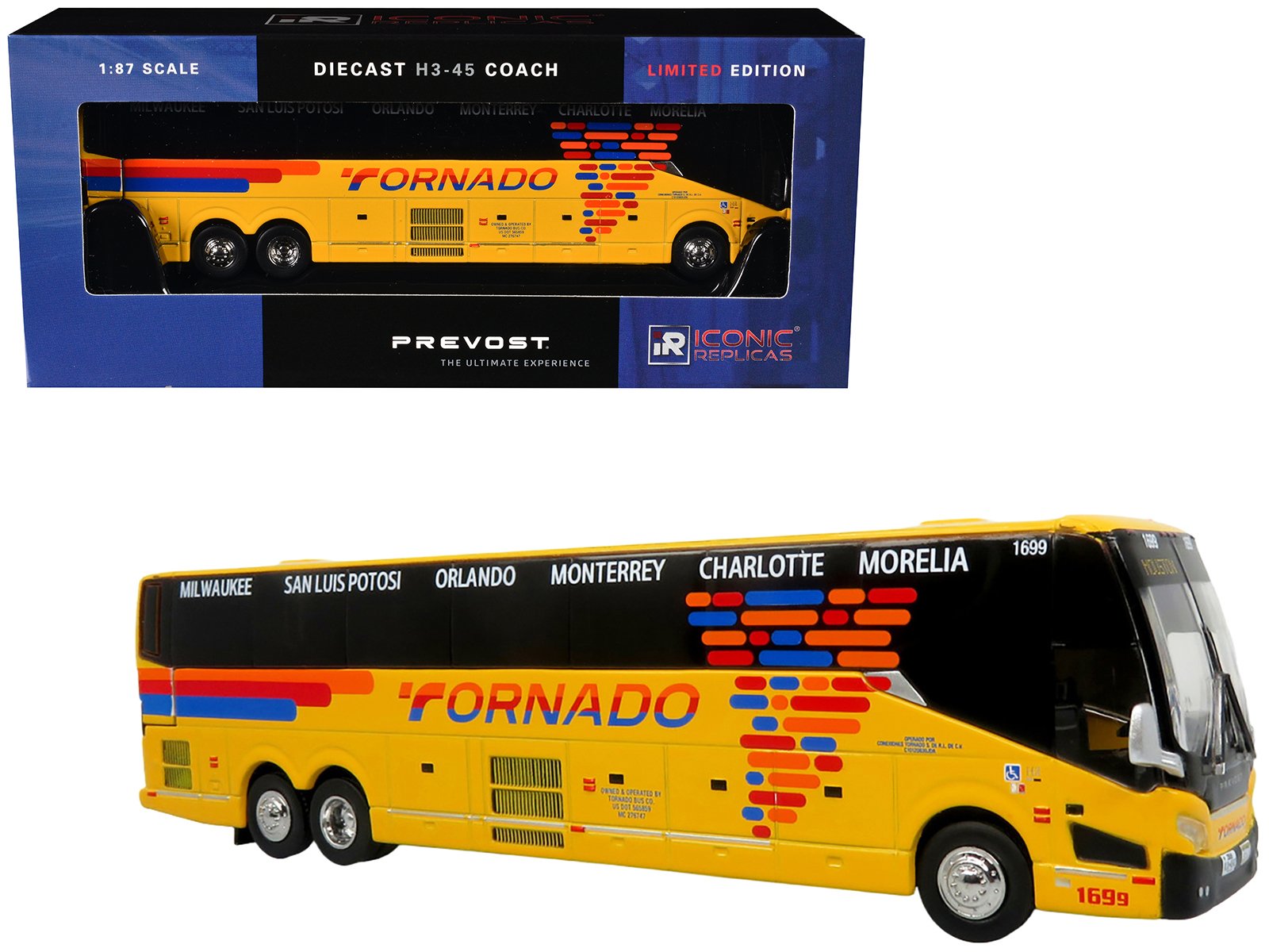 prevost h3 45 coach bus "tornado bus company" yellow with graphics limited edition 1/87 (ho) diecast model by iconic replicas prevost h3 45 coach bus "tornado bus company" yellow with graphics limited edition 1/87 (ho) diecast model by iconic replicas