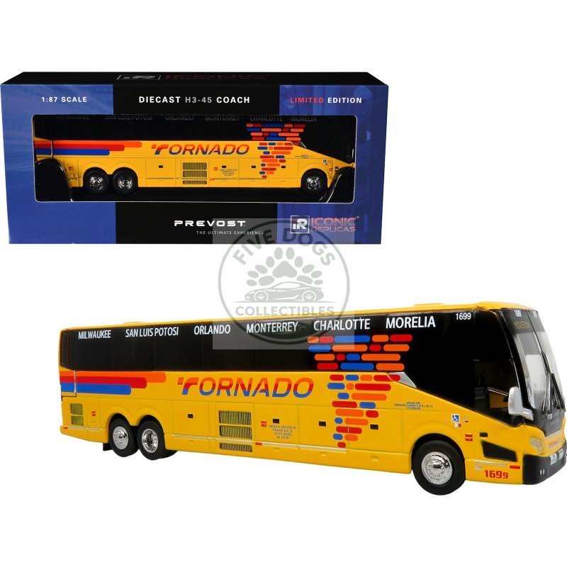 prevost h3 45 coach bus "tornado bus company" yellow with graphics limited edition 1/87 (ho) diecast model by iconic replicas