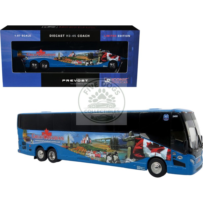 prevost h3 45 coach bus "great canadian coaches" blue with graphics limited edition 1/87 (ho) diecast model by iconic replicas