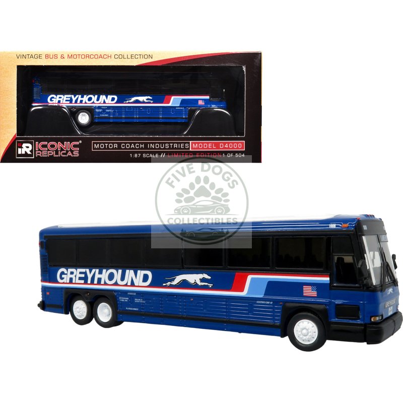 2001 mci d4000 coach bus "greyhound" blue with stripes "vintage bus & motorcoach collection" limited edition to 504 pieces worldwide 1/87 (ho) diecast model by iconic replicas