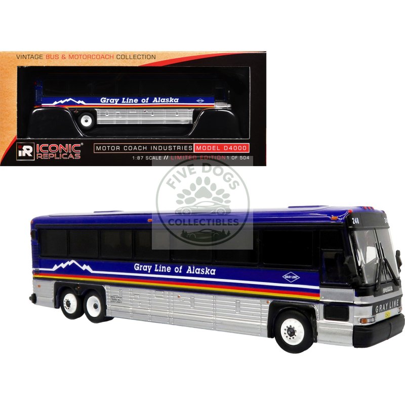 2001 mci d4000 coach bus "gray line of alaska" dark blue with stripes "vintage bus & motorcoach collection" limited edition to 504 pieces worldwide 1/87 (ho) diecast model by iconic replicas