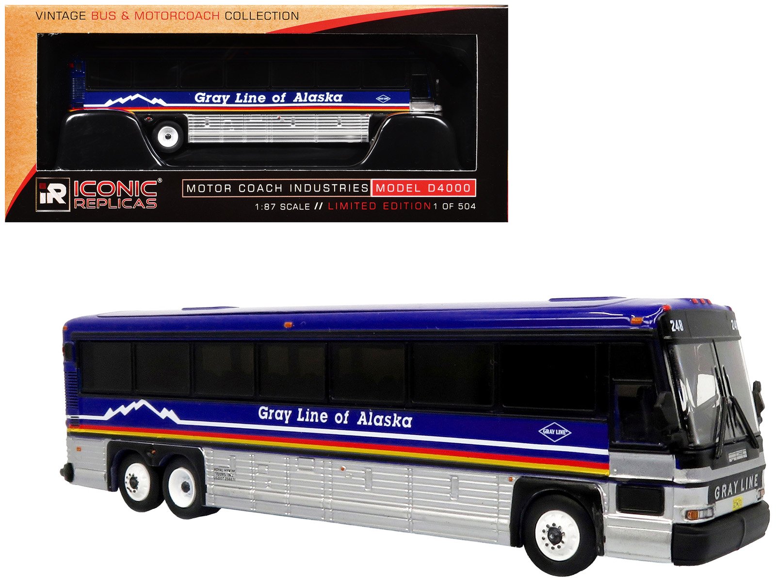 2001 mci d4000 coach bus "gray line of alaska" dark blue with stripes "vintage bus & motorcoach collection" limited edition to 504 pieces worldwide 1/87 (ho) diecast model by iconic replicas 2001 mci d4000 coach bus "gray line of alaska" dark blue with stripes "vintage bus & motorcoach collection" limited edition to 504 pieces worldwide 1/87 (ho) diecast model by iconic replicas