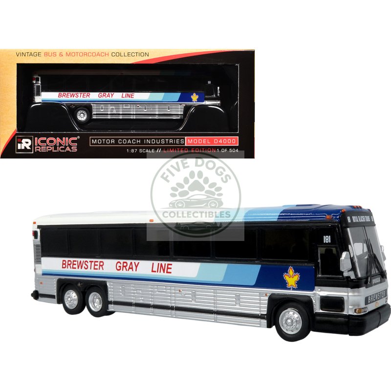 2001 mci d4000 coach bus "brewster gray line" white with blue stripes "vintage bus & motorcoach collection" limited edition to 504 pieces worldwide 1/87 (ho) diecast model by iconic replicas