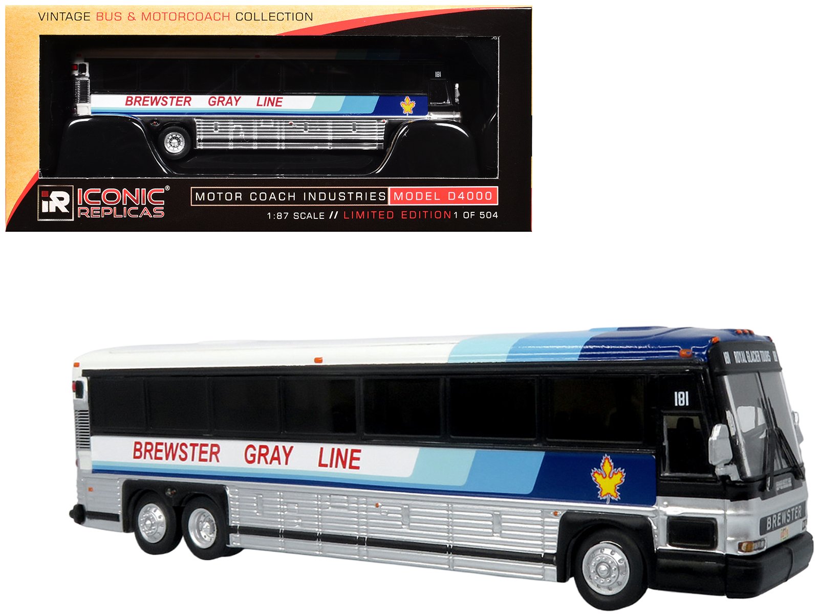 2001 mci d4000 coach bus "brewster gray line" white with blue stripes "vintage bus & motorcoach collection" limited edition to 504 pieces worldwide 1/87 (ho) diecast model by iconic replicas 2001 mci d4000 coach bus "brewster gray line" white with blue stripes "vintage bus & motorcoach collection" limited edition to 504 pieces worldwide 1/87 (ho) diecast model by iconic replicas