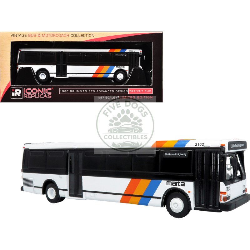 1980 grumman 870 advanced design transit bus "marta atlanta" white with stripes "vintage bus & motorcoach collection" limited edition 1/87 (ho) diecast model by iconic replicas