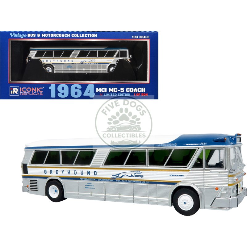 1964 mci mc 5a coach bus "greyhound golden anniversary" silver with blue and gold stripes "vintage bus & motorcoach collection" limited edition to 504 pieces worldwide 1/87 (ho) diecast model by iconic replicas