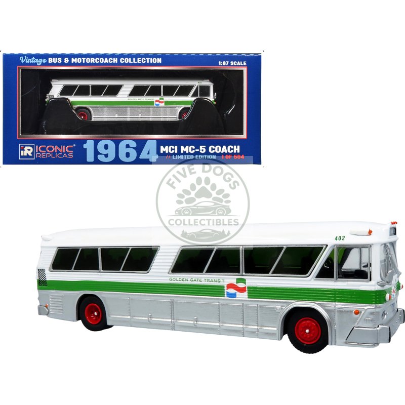 1964 mci mc 5a coach bus "golden gate transit" white with green stripes "vintage bus & motorcoach collection" limited edition to 504 pieces worldwide 1/87 (ho) diecast model by iconic replicas