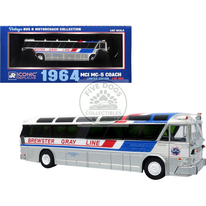 1964 mci mc 5a coach bus "brewster gray line" silver with blue and red stripes "vintage bus & motorcoach collection" limited edition to 504 pieces worldwide 1/87 (ho) diecast model by iconic replicas
