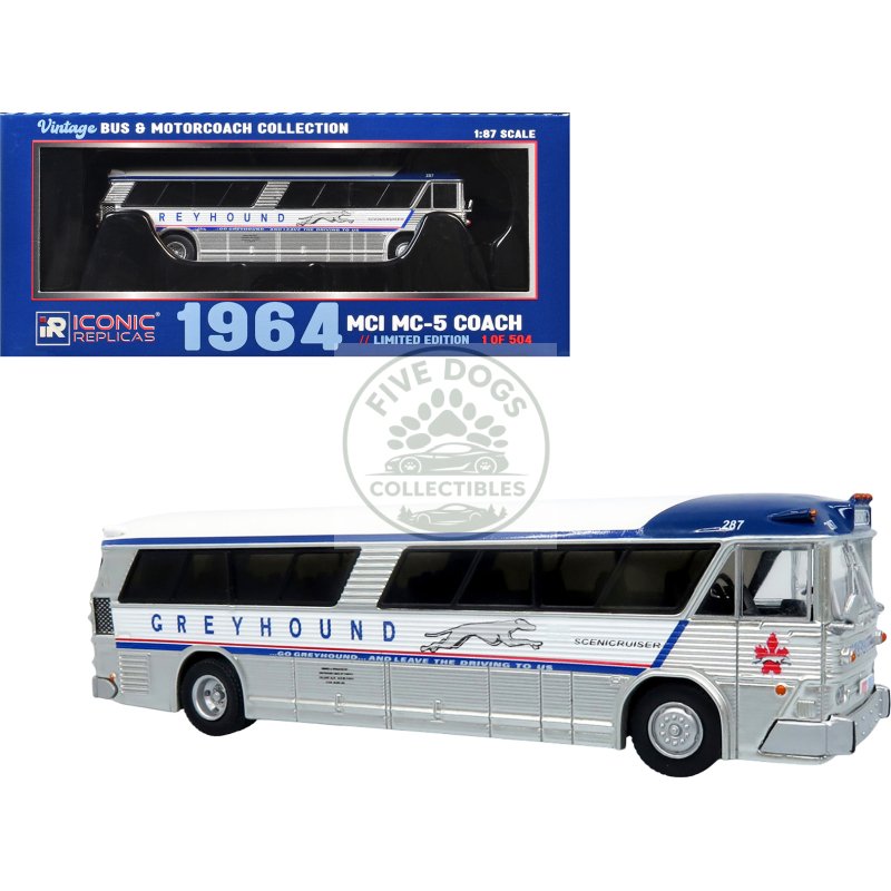 1964 mci mc 5a coach bus "greyhound canada" white with blue stripes "vintage bus & motorcoach collection" limited edition to 504 pieces worldwide 1/87 (ho) diecast model by iconic replicas