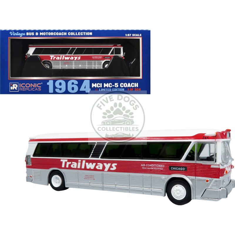 1964 mci mc 5a coach bus "trailways chicago" white with red stripes "vintage bus & motorcoach collection" limited edition to 504 pieces worldwide 1/87 (ho) diecast model by iconic replicas