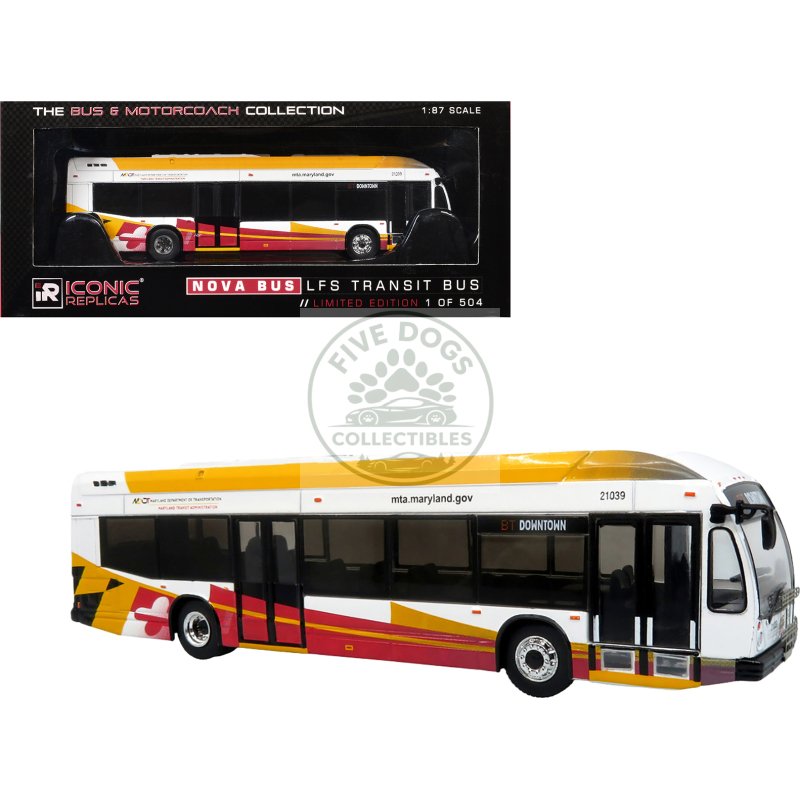nova bus lfsh hybrid transit bus "mta maryland" white with red and yellow graphics "the bus & motorcoach collection" limited edition to 504 pieces worldwide 1/87 (ho) diecast model by iconic replicas