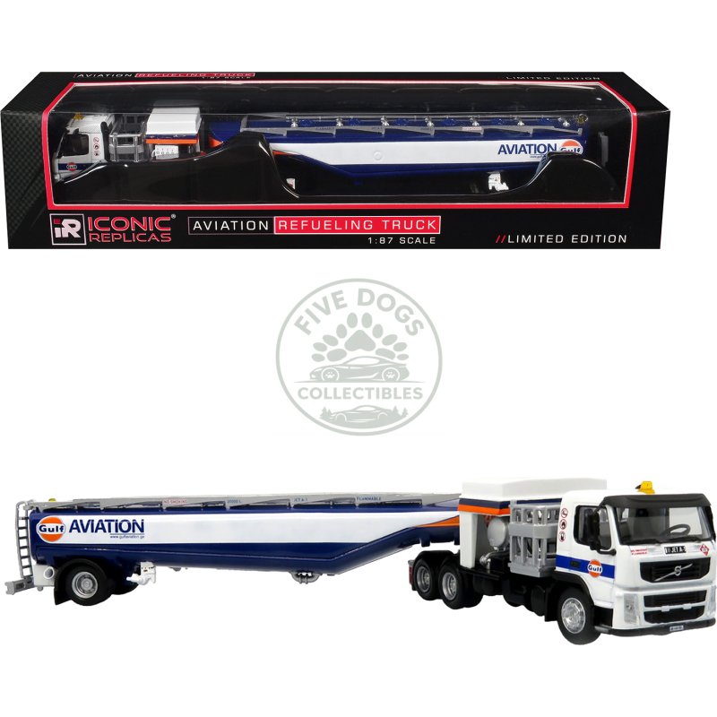 volvo fm500 with esterer aviation refueling tanker truck "gulf aviation" white with blue stripes limited edition 1/87 (ho) diecast model by iconic replicas