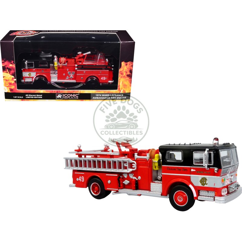1974 ward lafrance fire engine "chicago fire department engine 49" red with black top "5 alarm" series limited edition 1/87 (ho) diecast model by iconic replicas