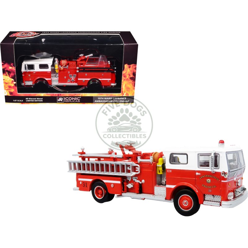 1974 ward lafrance fire engine "san francisco fire department – engine 31" red with white top "5 alarm" series limited edition 1/87 (ho) diecast model by iconic replicas