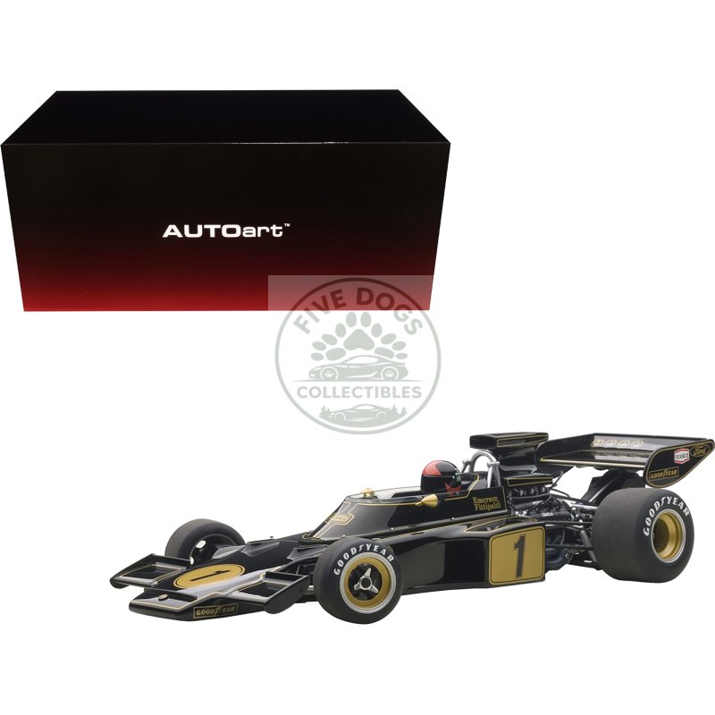 lotus 72e 1973 emerson fittipaldi #1 with driver figure in cockpit 1/18 model car by autoart
