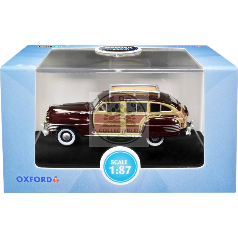 1942 chrysler town and country woody wagon regal maroon with roof rack 1/87 (ho) scale diecast model car by oxford diecast
