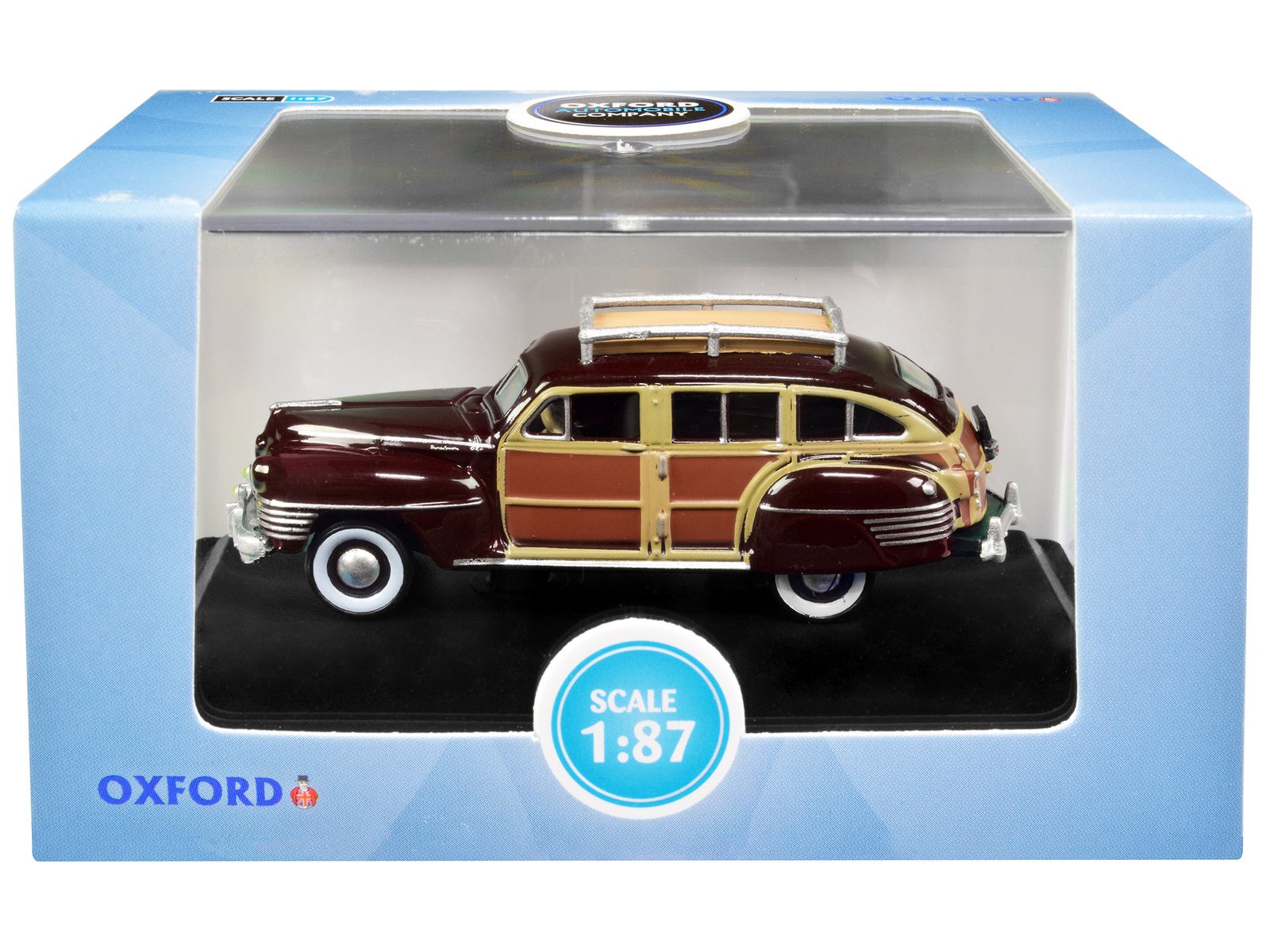 1942 chrysler town and country woody wagon regal maroon with roof rack 1/87 (ho) scale diecast model car by oxford diecast 1942 chrysler town and country woody wagon regal maroon with roof rack 1/87 (ho) scale diecast model car by oxford diecast