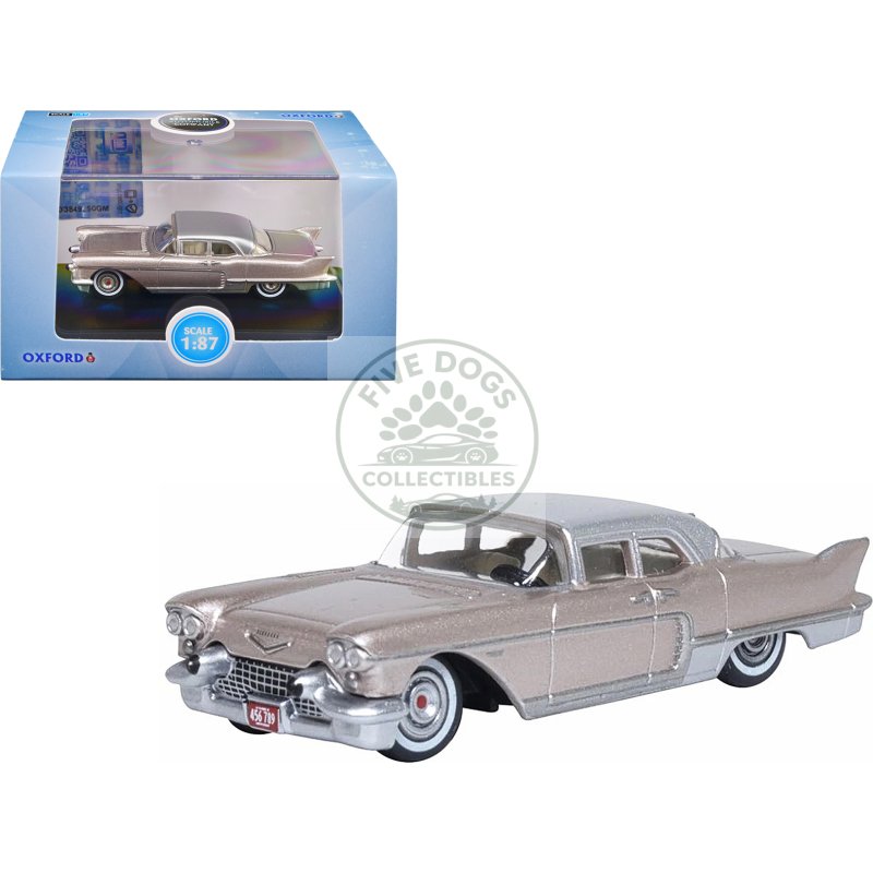 1957 cadillac eldorado brougham sandalwood beige metallic with silver top 1/87 (ho) scale diecast model car by oxford diecast