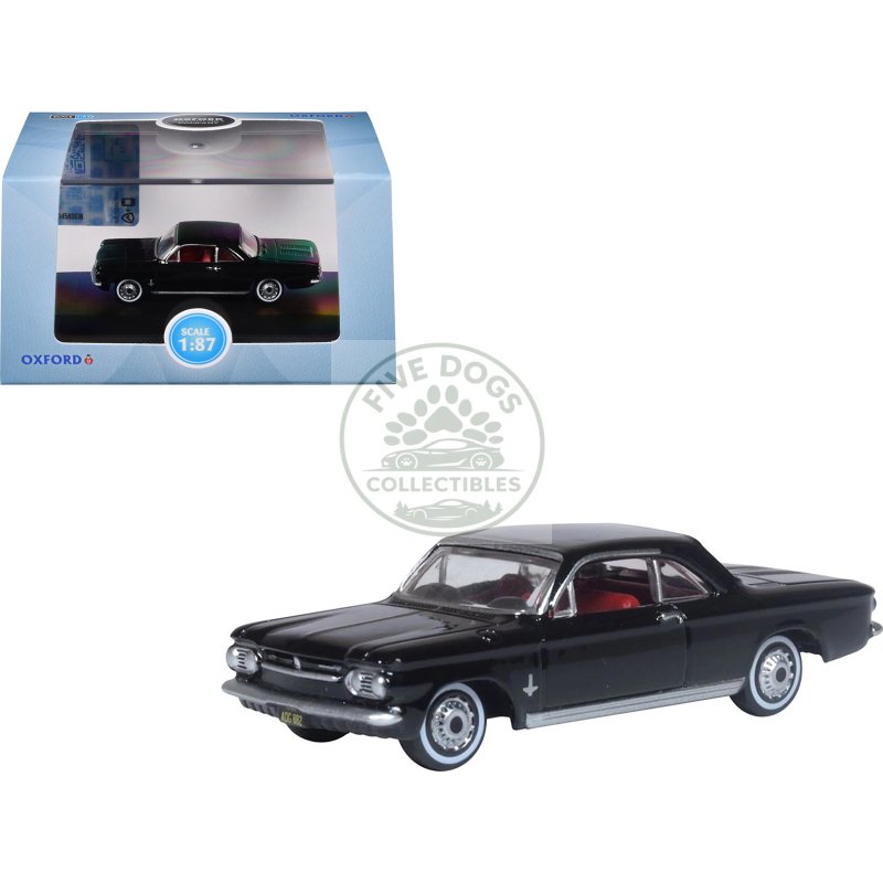 1963 chevrolet corvair coupe tuxedo black with red interior 1/87 (ho) scale diecast model car by oxford diecast