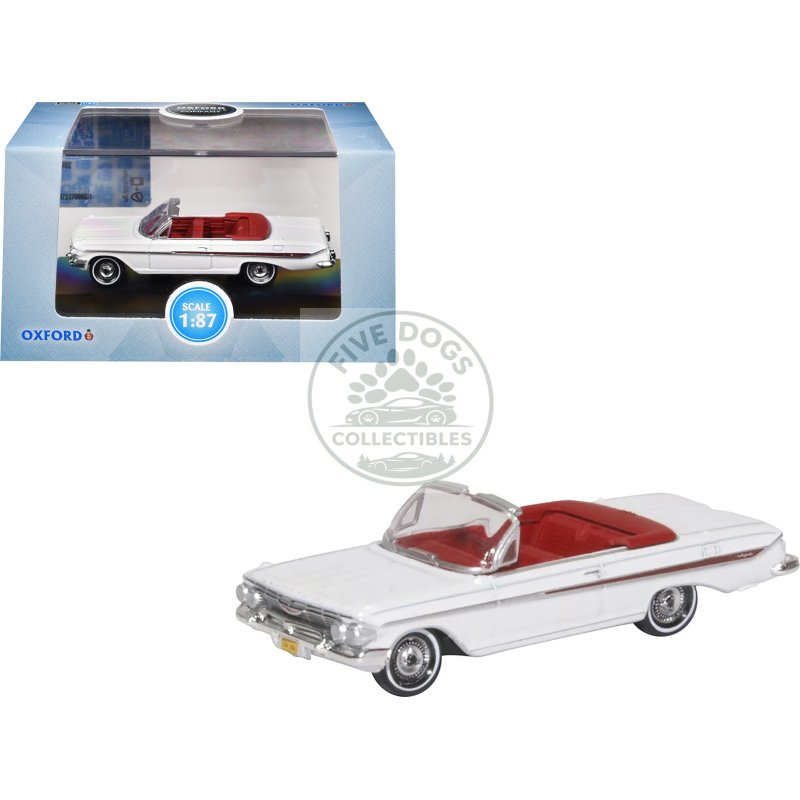 1961 chevrolet impala convertible ermine white with roman red interior 1/87 (ho) scale diecast model car by oxford diecast