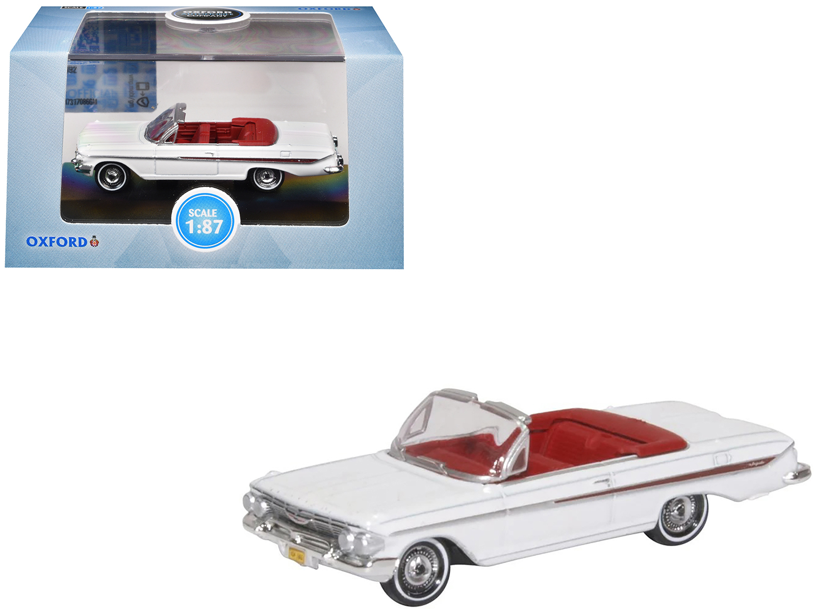 1961 chevrolet impala convertible ermine white with roman red interior 1/87 (ho) scale diecast model car by oxford diecast 1961 chevrolet impala convertible ermine white with roman red interior 1/87 (ho) scale diecast model car by oxford diecast