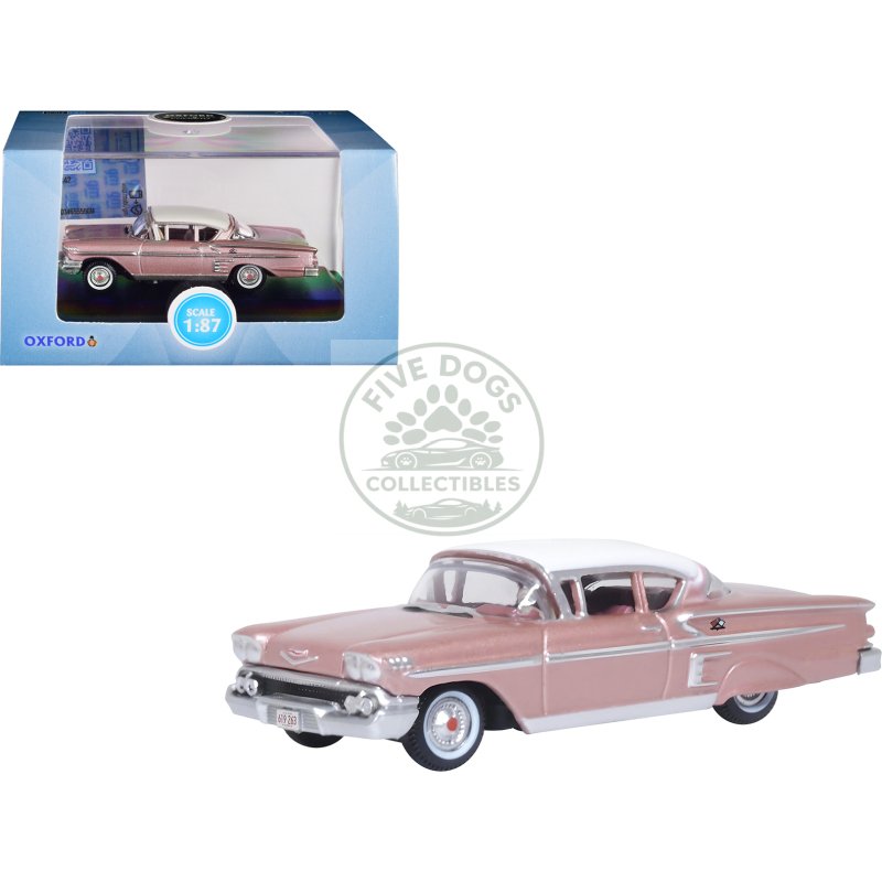 1958 chevrolet impala sport cay coral pink metallic with white top 1/87 (ho) scale diecast model car by oxford diecast