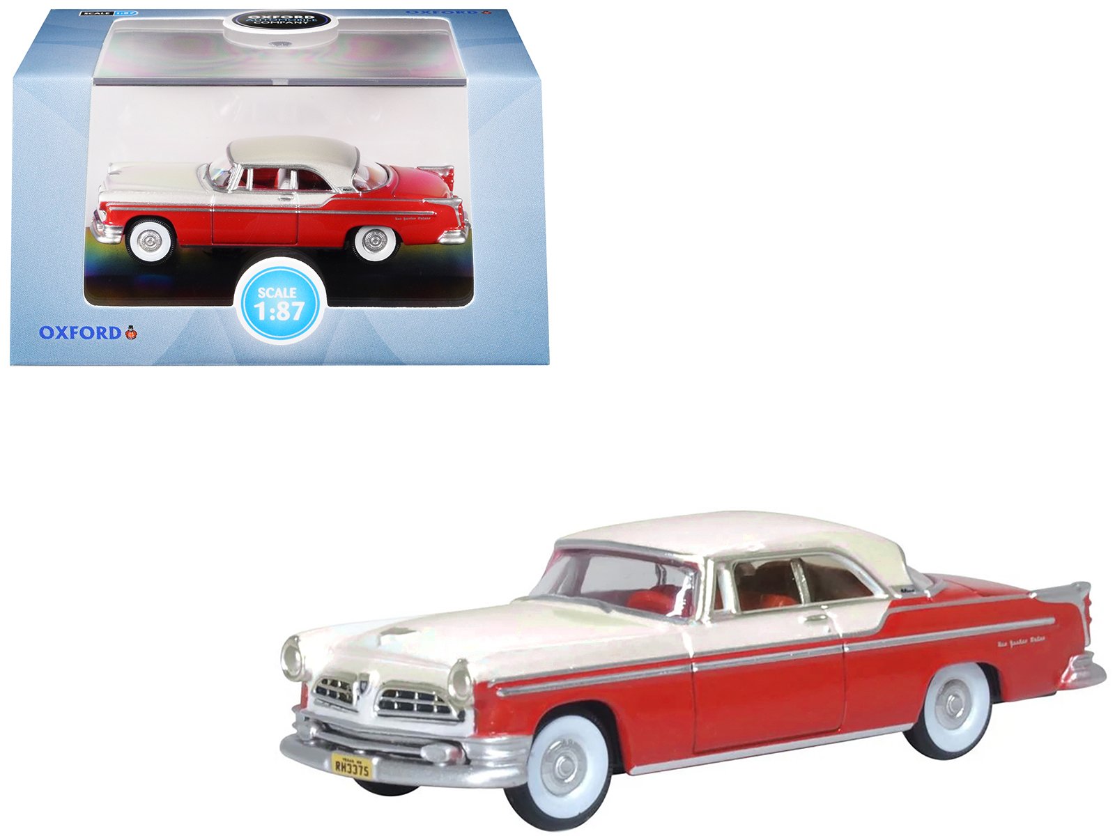 1955 chrysler new yorker deluxe st. regis tango red and platinum metallic 1/87 (ho) scale diecast model car by oxford diecast 1955 chrysler new yorker deluxe st. regis tango red and platinum metallic 1/87 (ho) scale diecast model car by oxford diecast