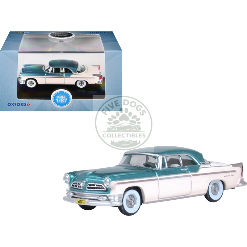 1955 chrysler new yorker deluxe st. regis jade green metallic and cream 1/87 (ho) scale diecast model car by oxford diecast