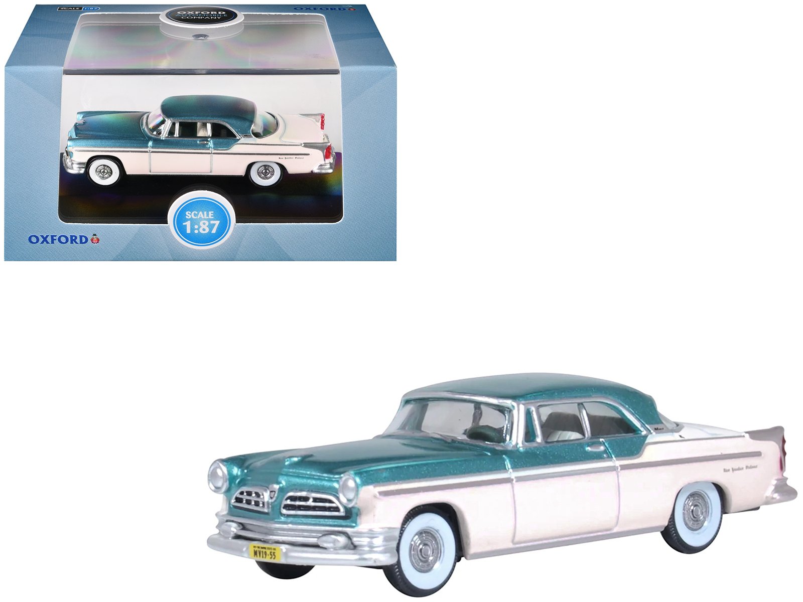 1955 chrysler new yorker deluxe st. regis jade green metallic and cream 1/87 (ho) scale diecast model car by oxford diecast 1955 chrysler new yorker deluxe st. regis jade green metallic and cream 1/87 (ho) scale diecast model car by oxford diecast